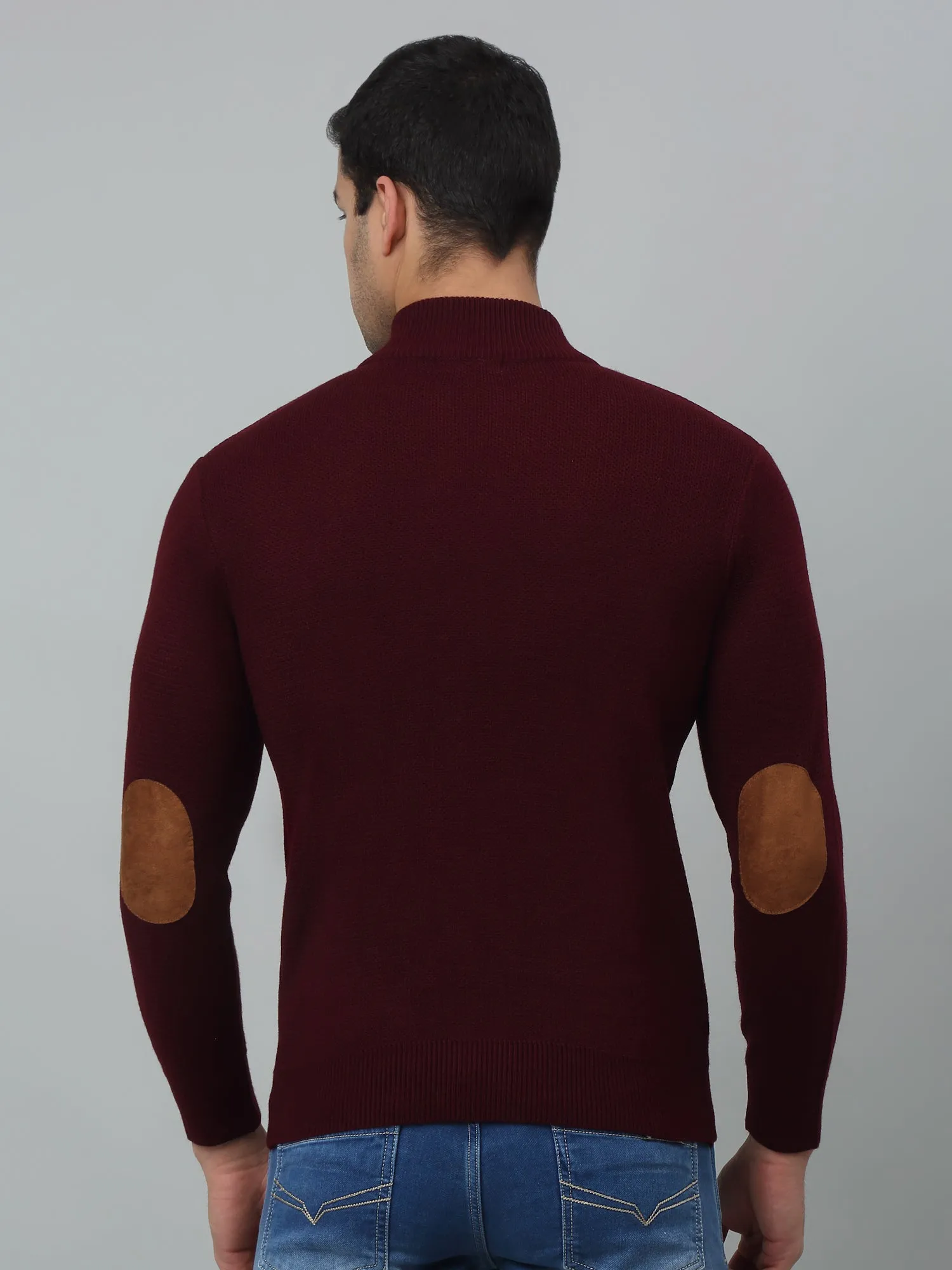 Solid Maroon Full Sleeves Band Collar Regular Fit Casual Sweater for Men