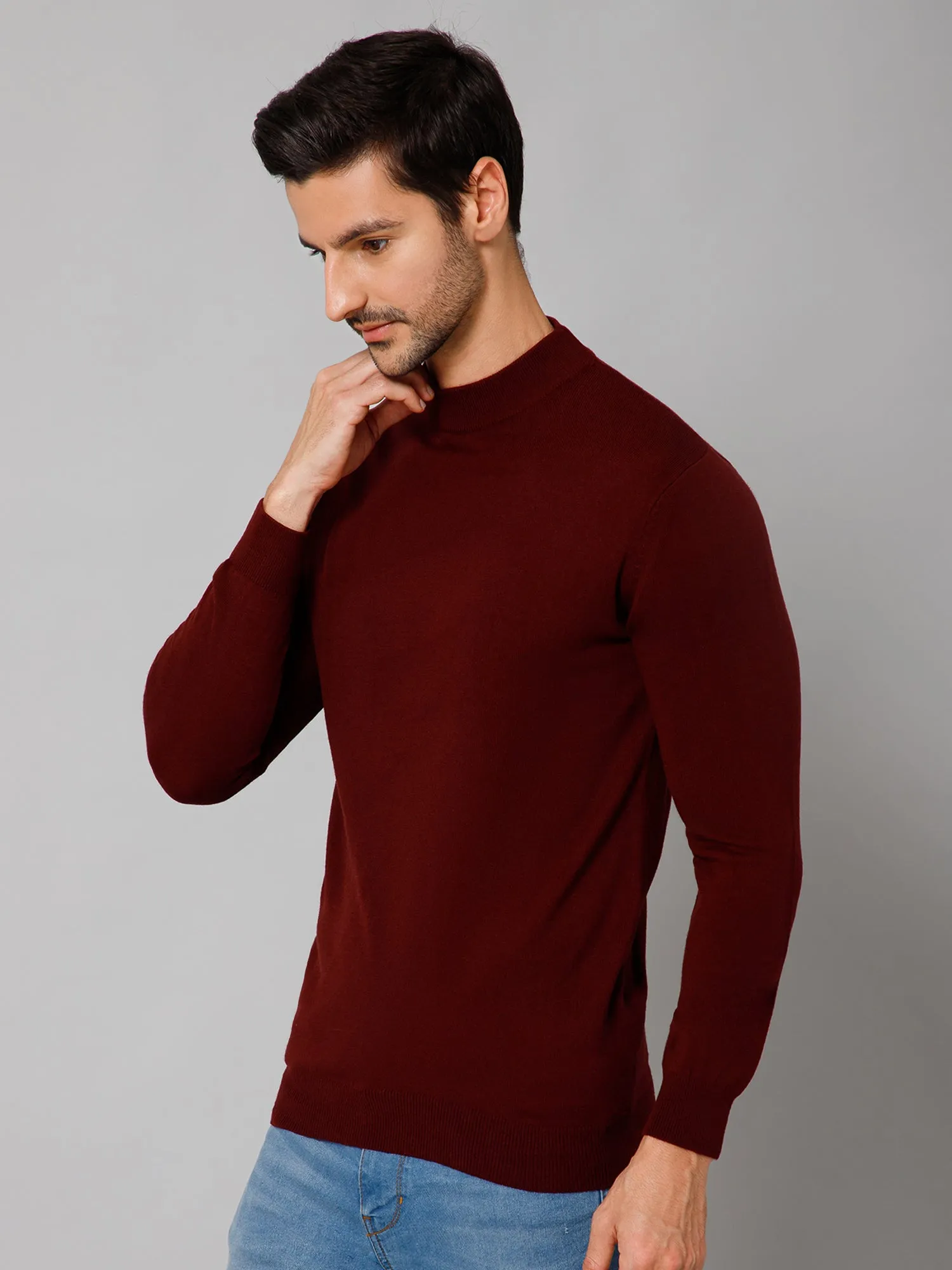 Solid Maroon Full Sleeves Round Neck Regular Fit Casual Sweater for Men