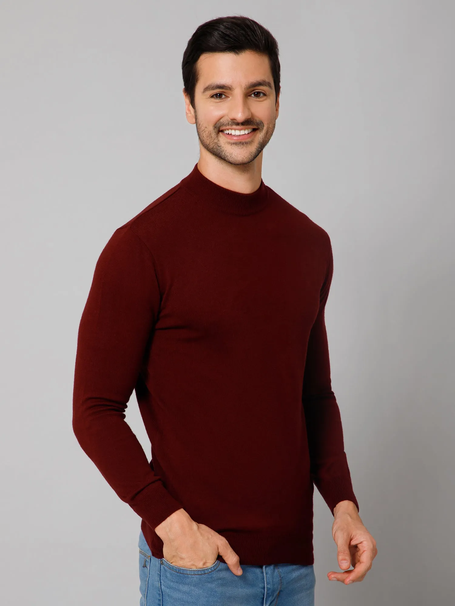 Solid Maroon Full Sleeves Round Neck Regular Fit Casual Sweater for Men