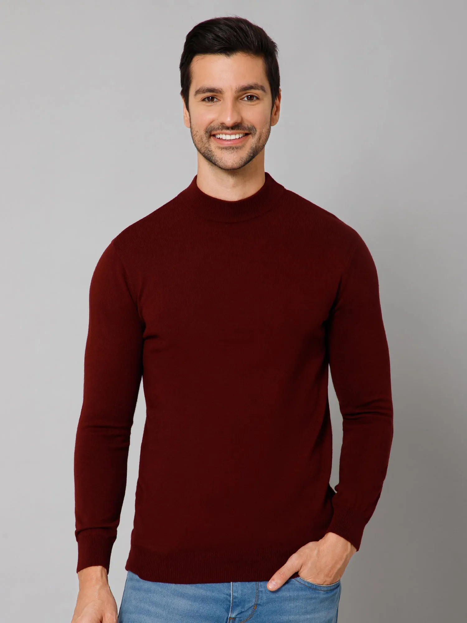 Solid Maroon Full Sleeves Round Neck Regular Fit Casual Sweater for Men