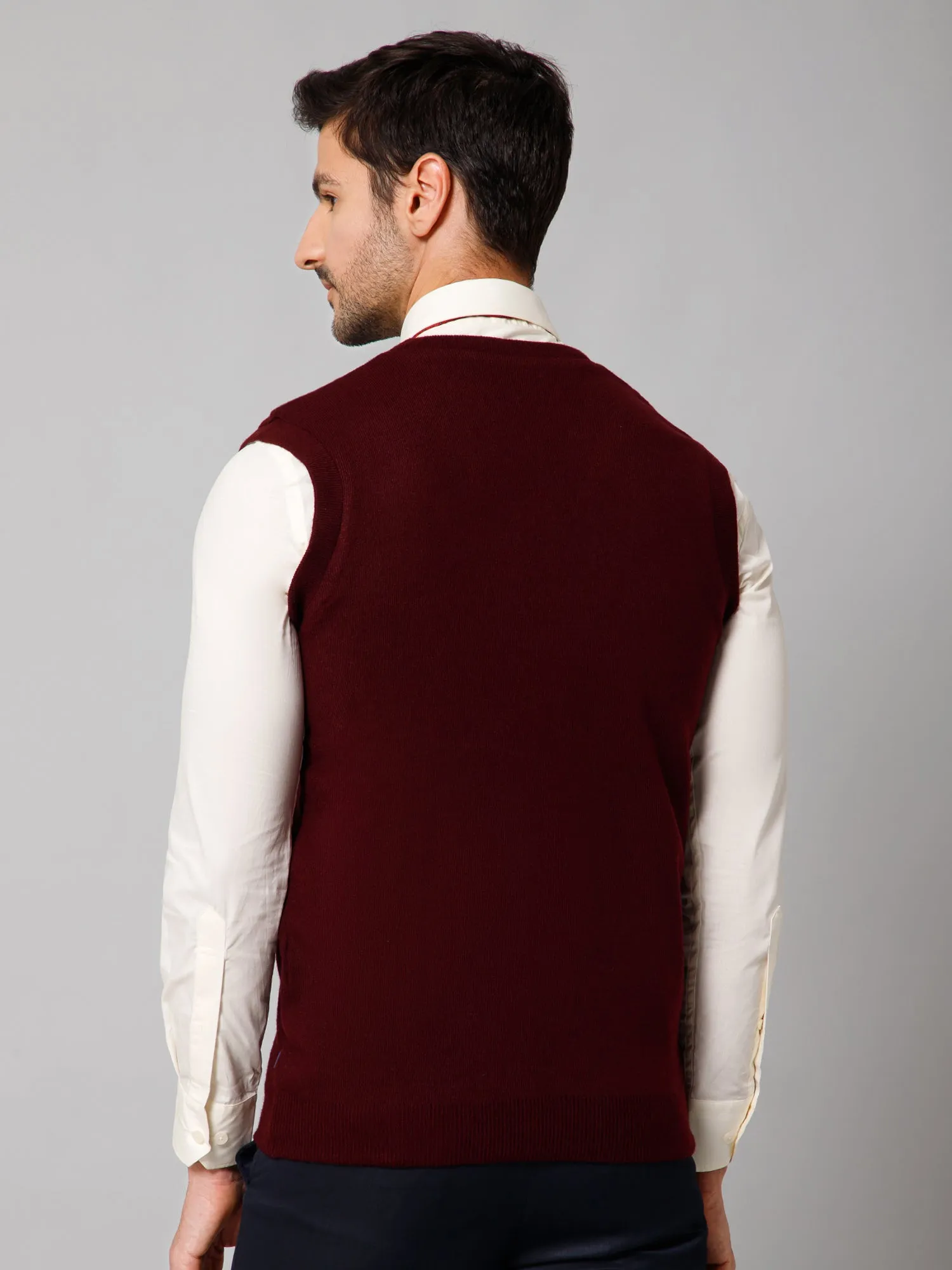 Solid Maroon Sleeveless V Neck Reversible Regular Fit Casual Sweater for Men