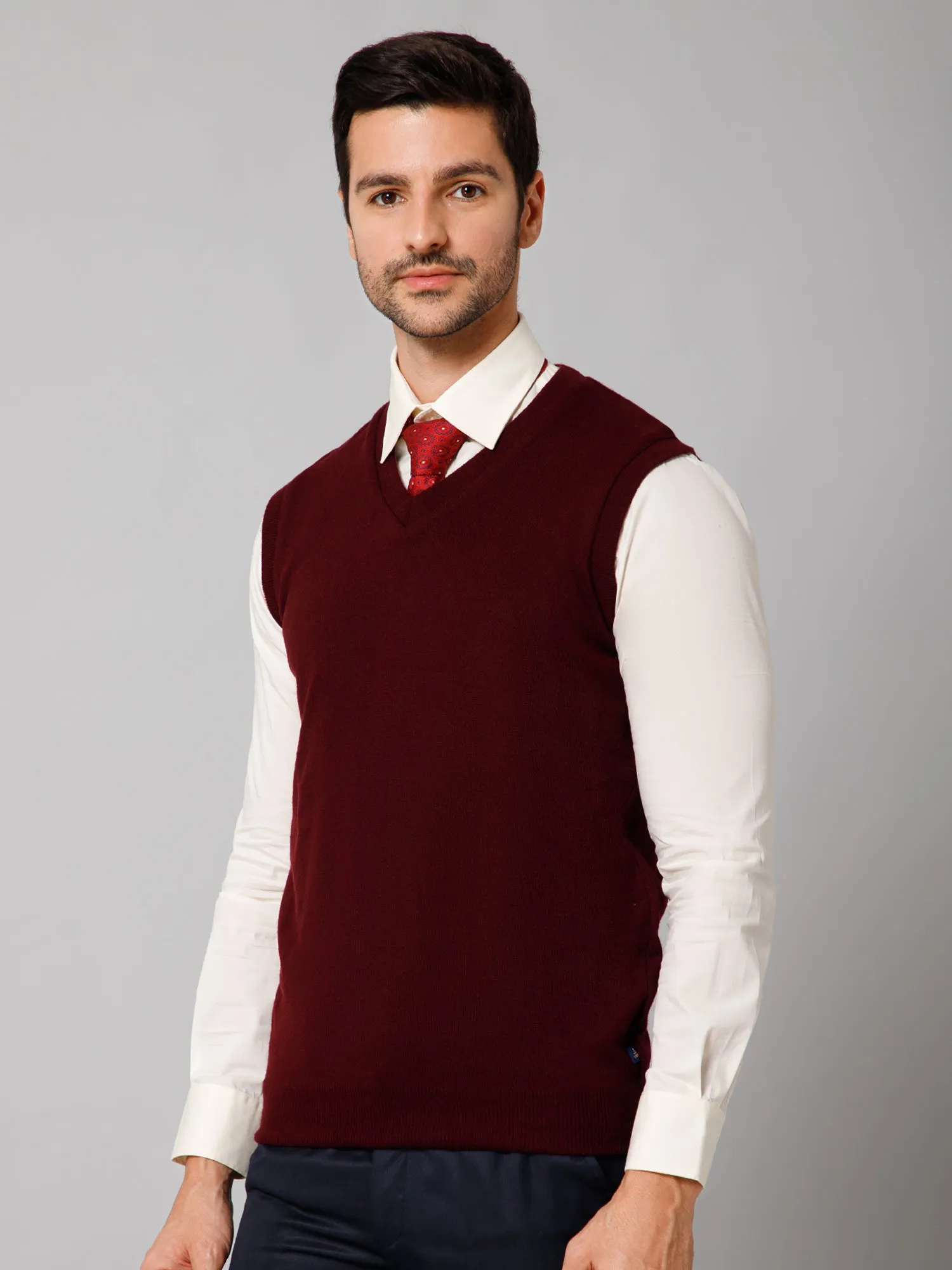 Solid Maroon Sleeveless V Neck Reversible Regular Fit Casual Sweater for Men