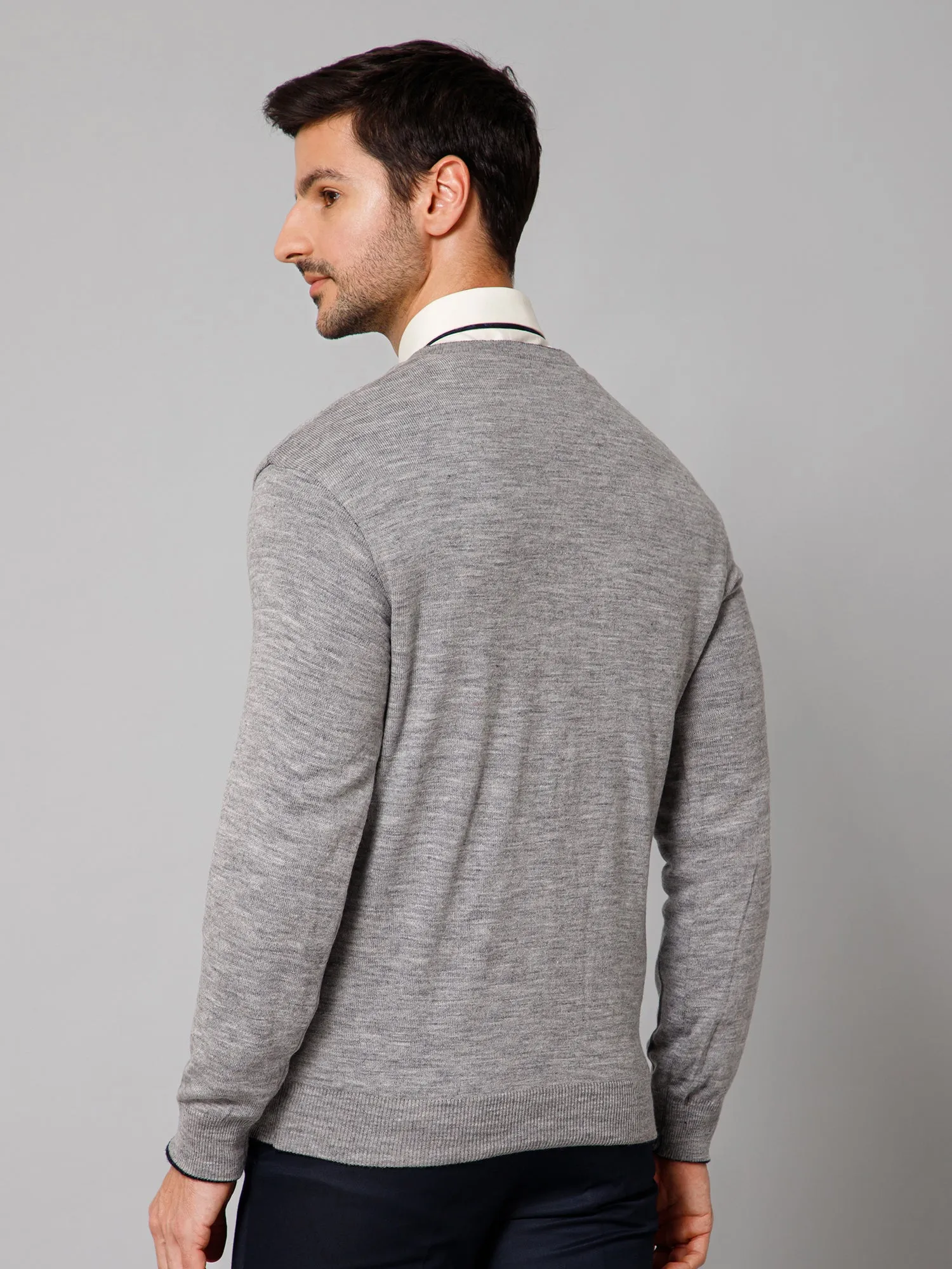 Solid Navy Blue and Grey Full Sleeves V Neck Regular Fit Reversible Casual Sweater for Men