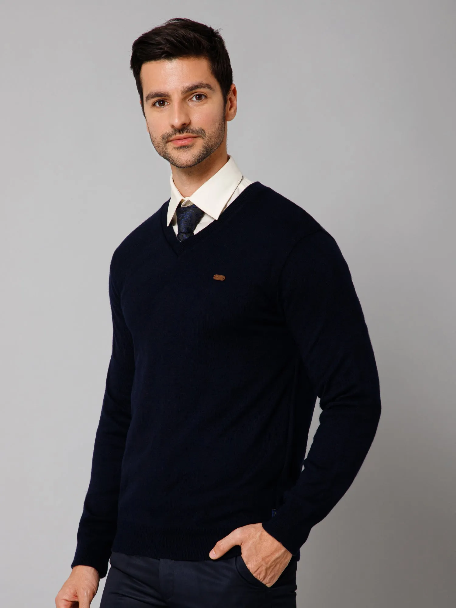 Solid Navy Blue and Grey Full Sleeves V Neck Regular Fit Reversible Casual Sweater for Men