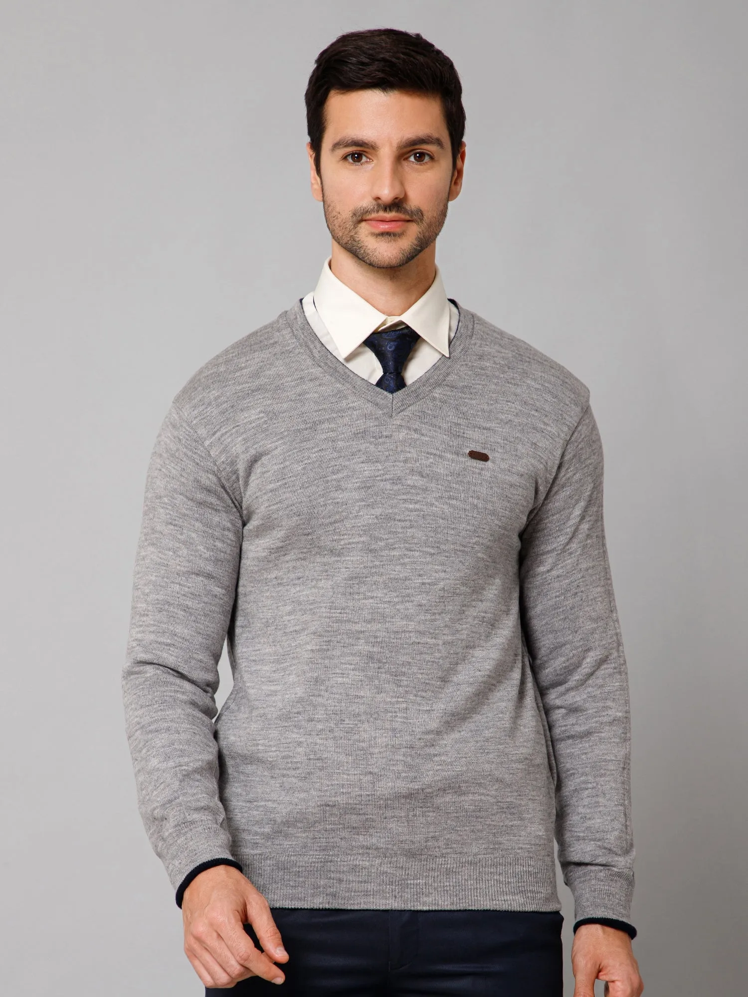 Solid Navy Blue and Grey Full Sleeves V Neck Regular Fit Reversible Casual Sweater for Men