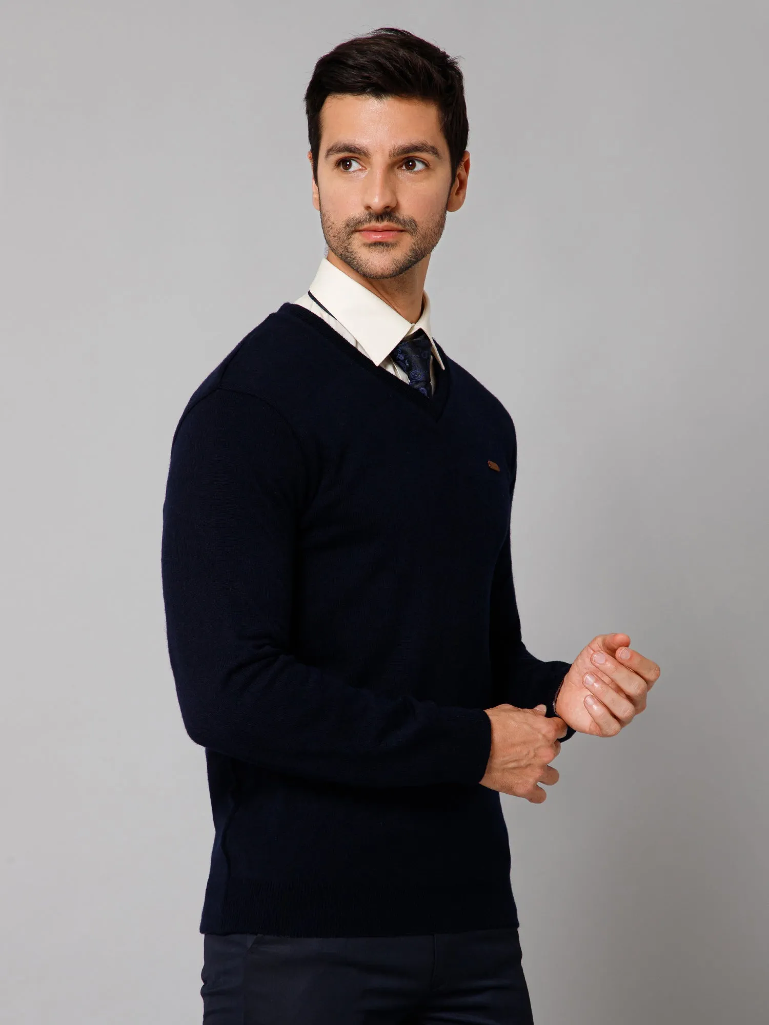 Solid Navy Blue and Grey Full Sleeves V Neck Regular Fit Reversible Casual Sweater for Men