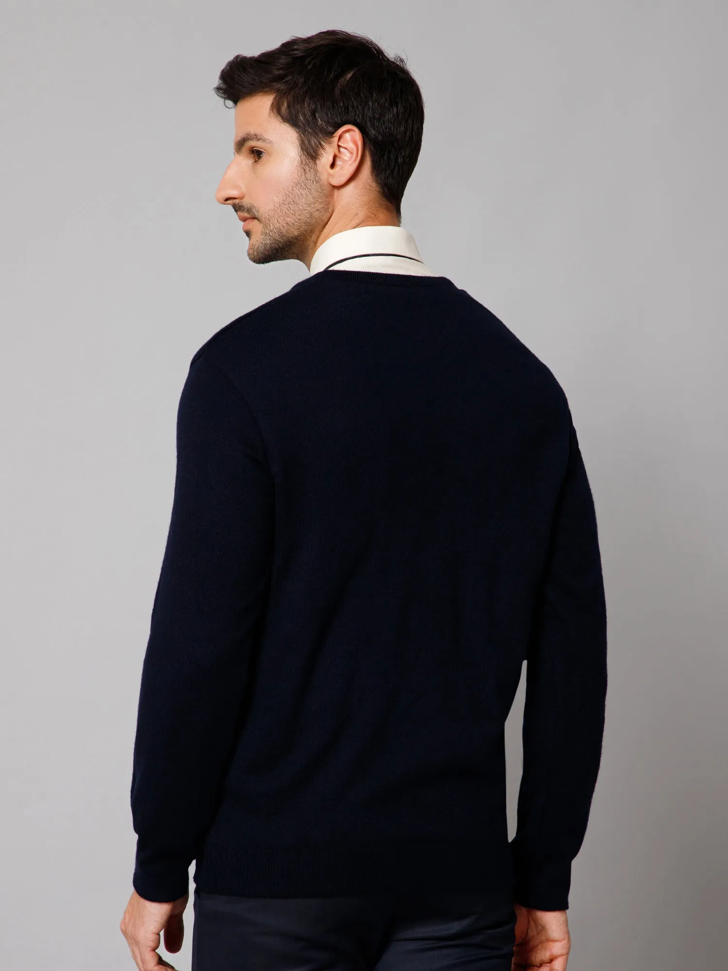 Solid Navy Blue and Grey Full Sleeves V Neck Regular Fit Reversible Casual Sweater for Men