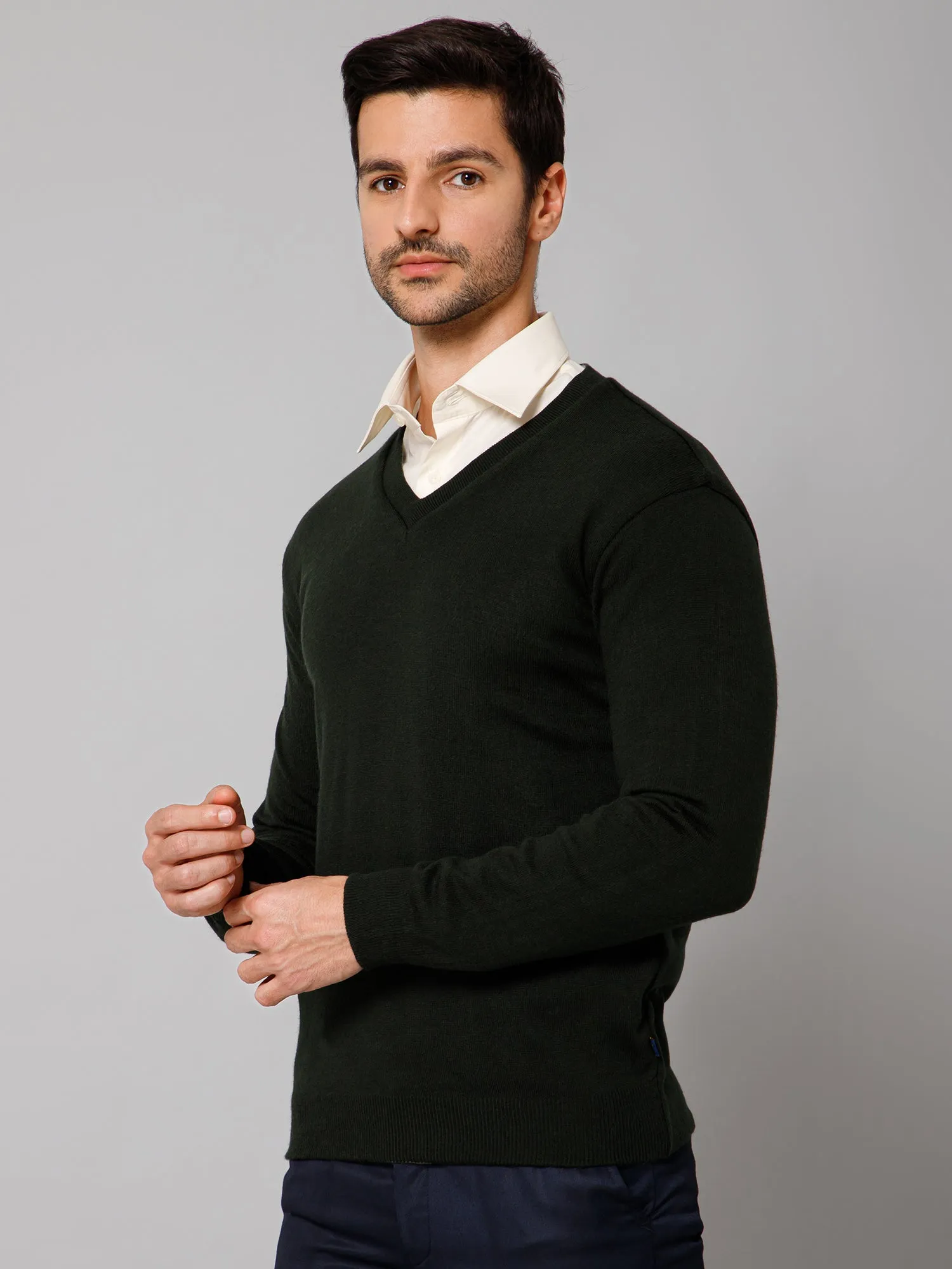 Solid Olive Full Sleeves V Neck Reversible Regular Fit Casual Sweater for Men