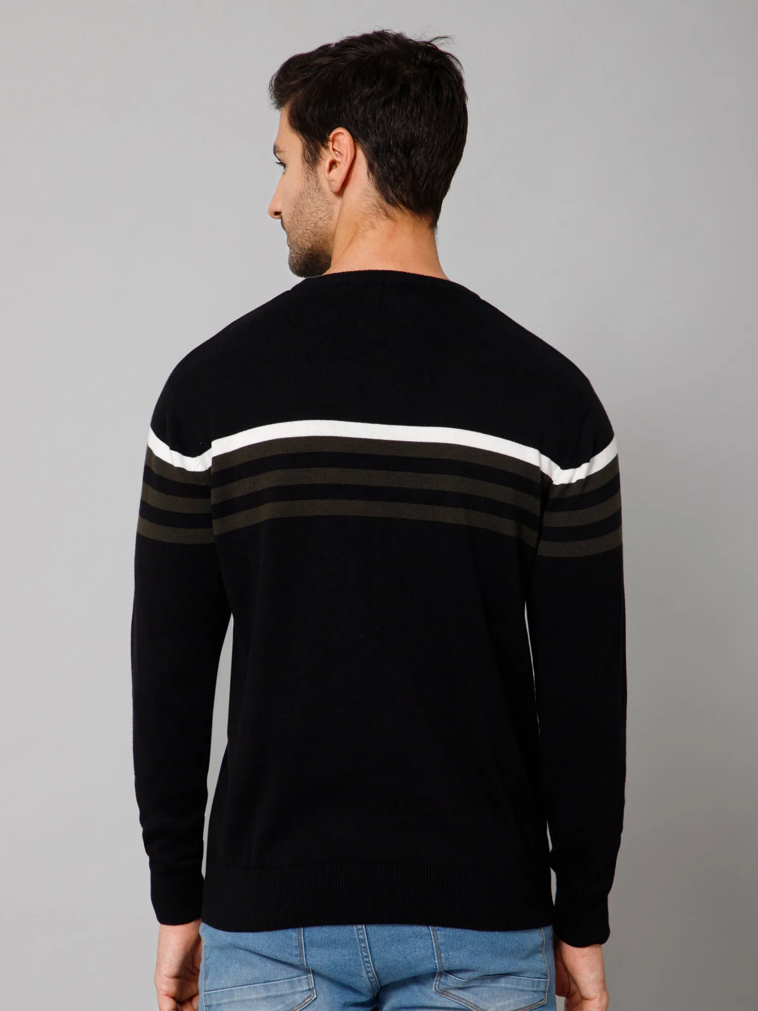 Stripe Black Full Sleeves Round Neck Regular Fit Casual Sweater for Men