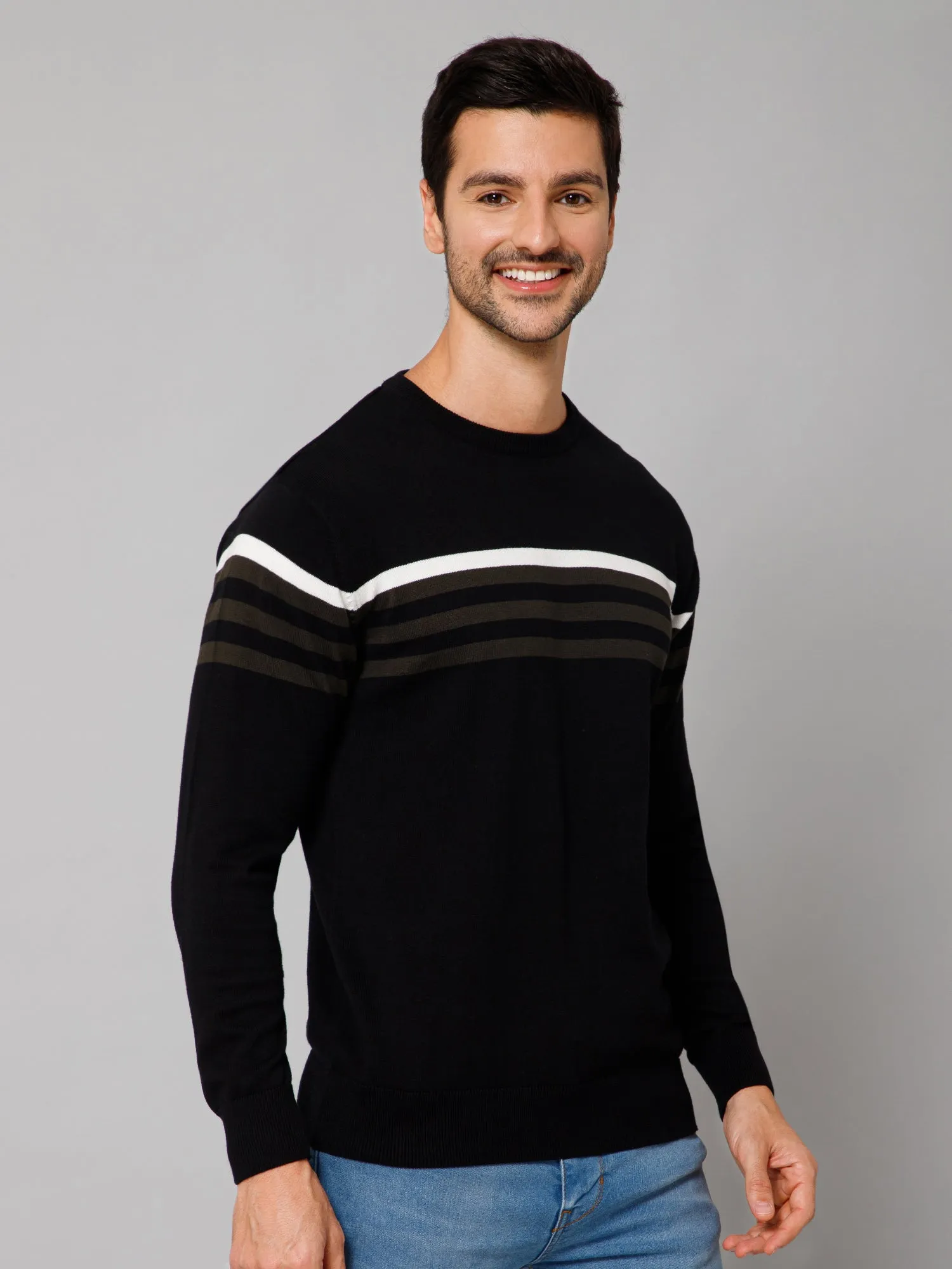 Stripe Black Full Sleeves Round Neck Regular Fit Casual Sweater for Men