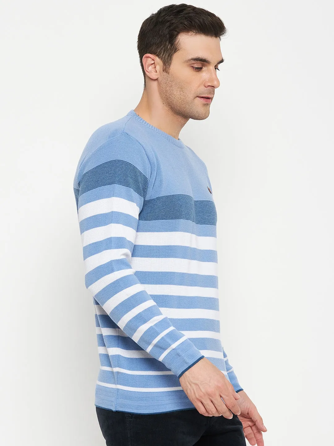 Stripe Blue Full Sleeves Round Neck Regular Fit Casual Sweater for Men