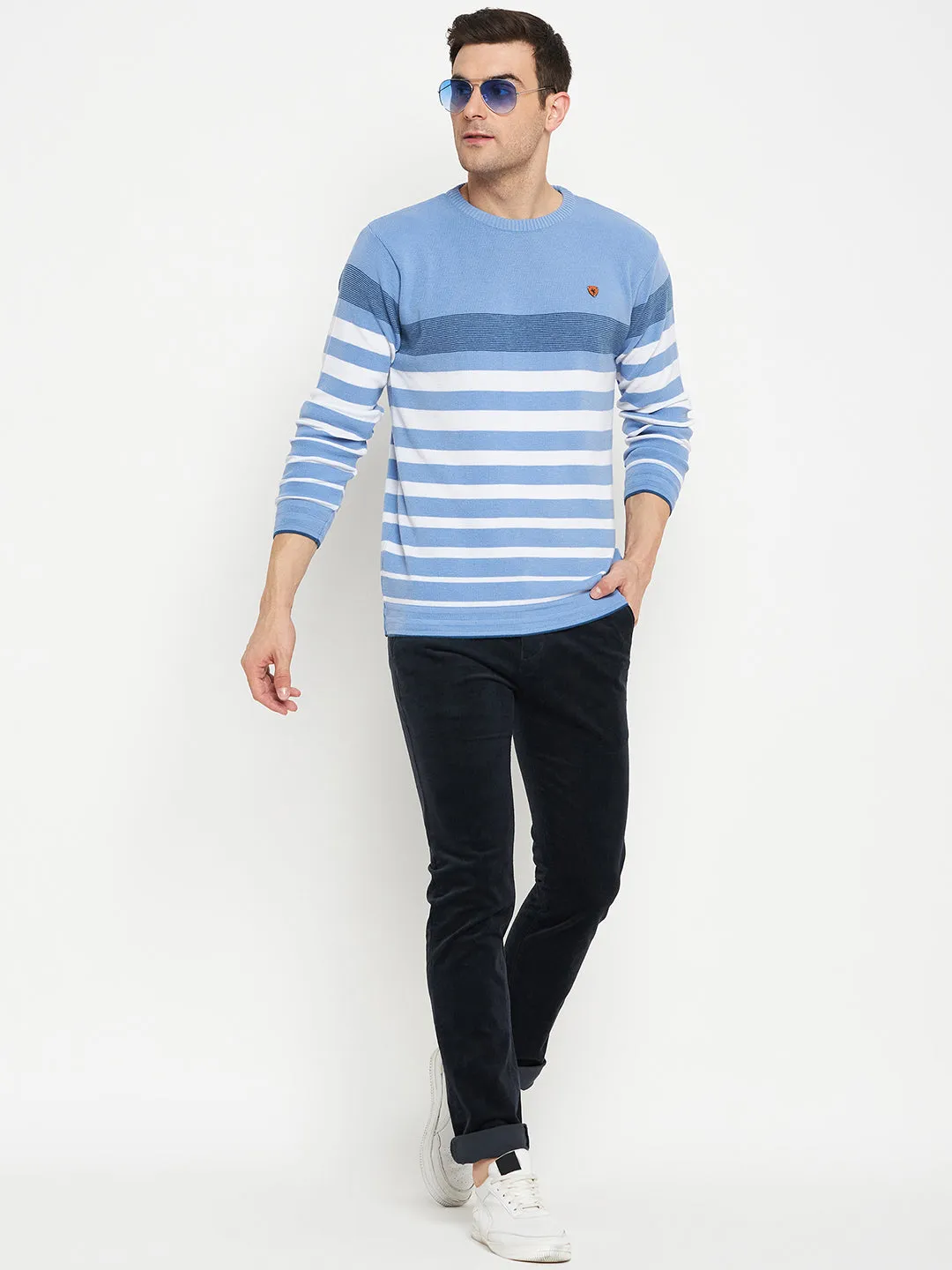 Stripe Blue Full Sleeves Round Neck Regular Fit Casual Sweater for Men