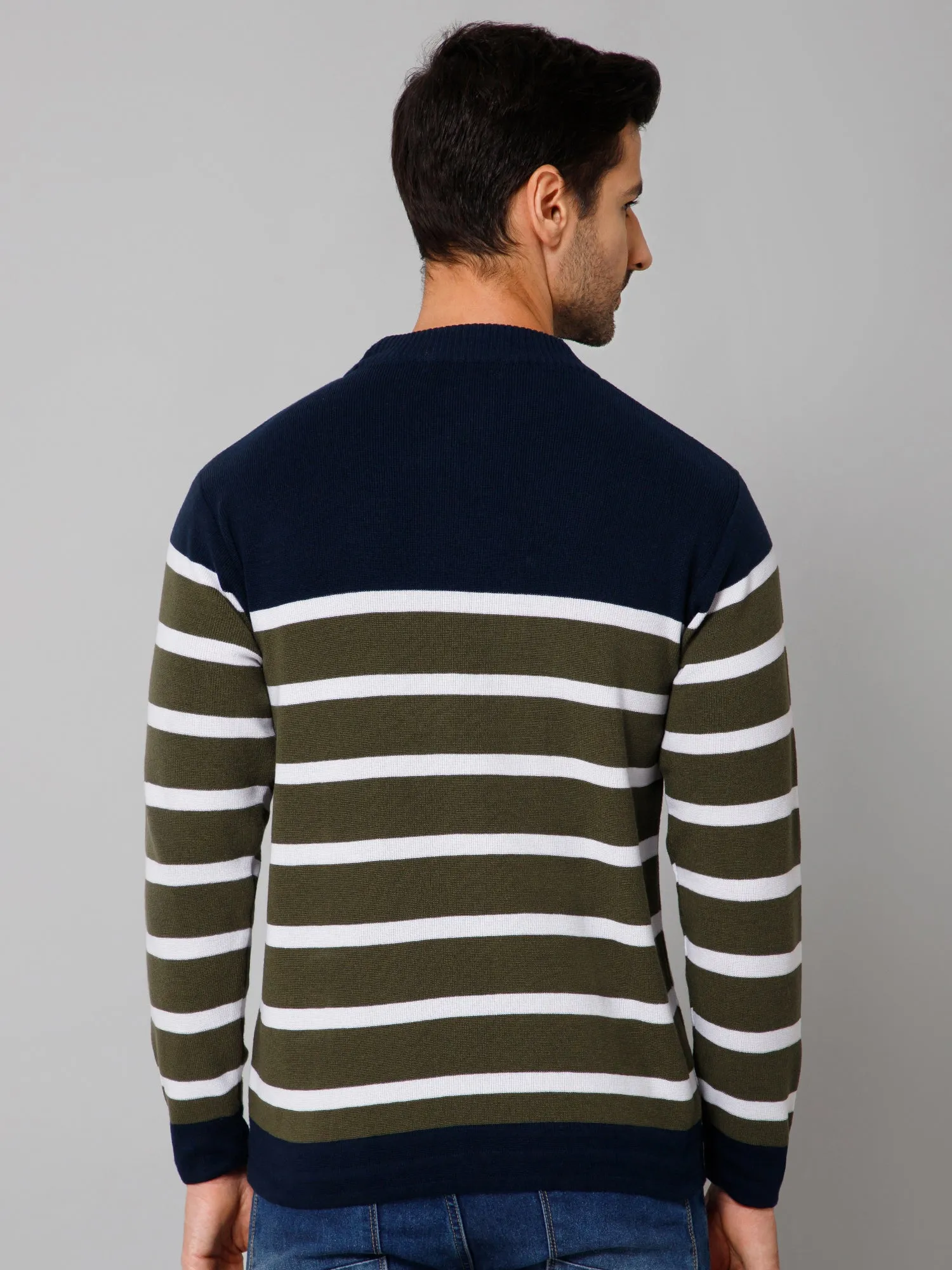 Stripe Green Full Sleeves Round Neck Regular Fit Casual Sweater for Men