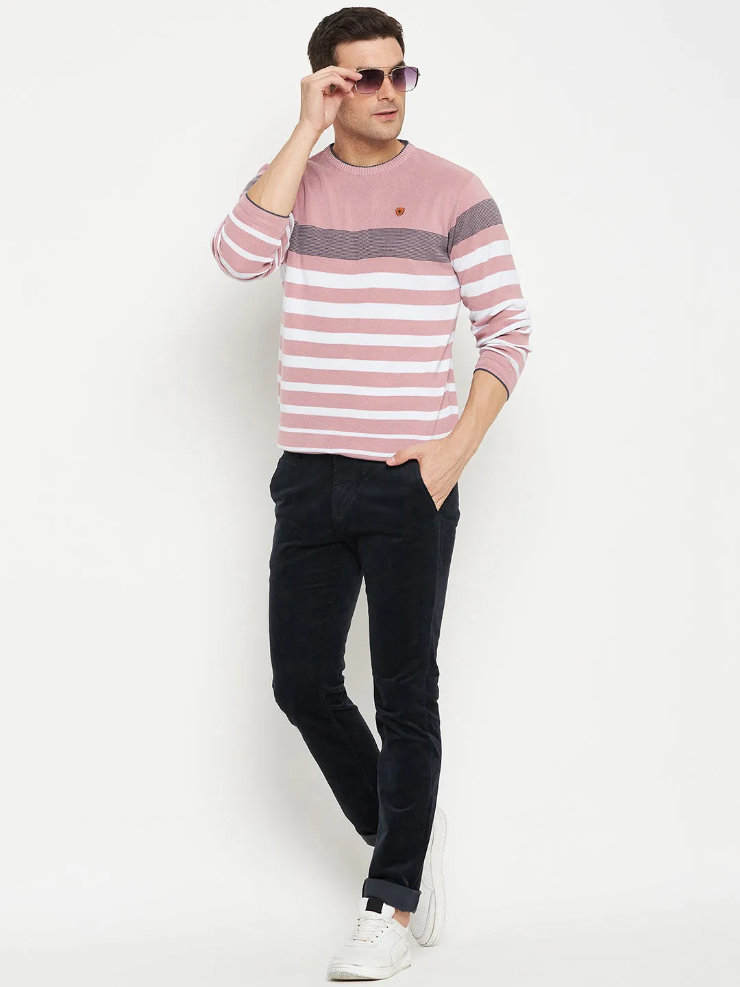 Striped Dark Pink Full Sleeves Round Neck Regular Fit Casual Sweater for Men