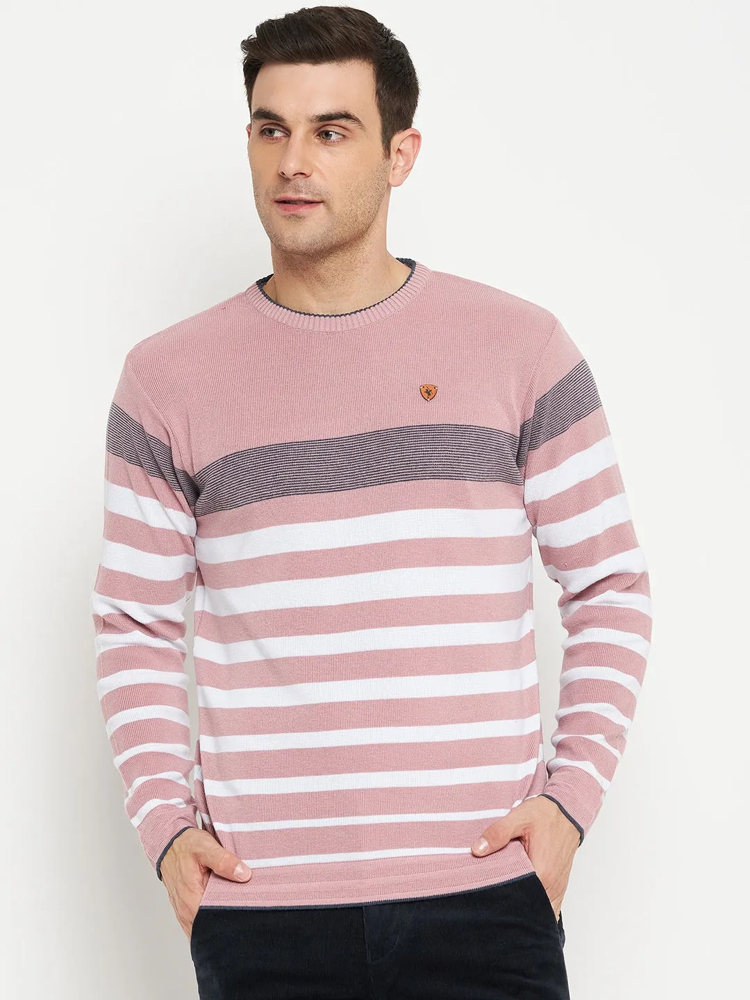 Striped Dark Pink Full Sleeves Round Neck Regular Fit Casual Sweater for Men