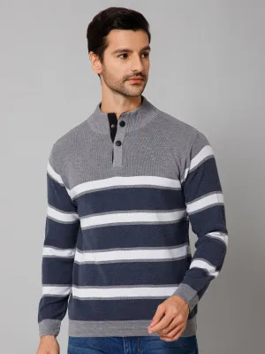 Striped Grey Full Sleeves Band Collar Regular Fit Casual Sweater for Men