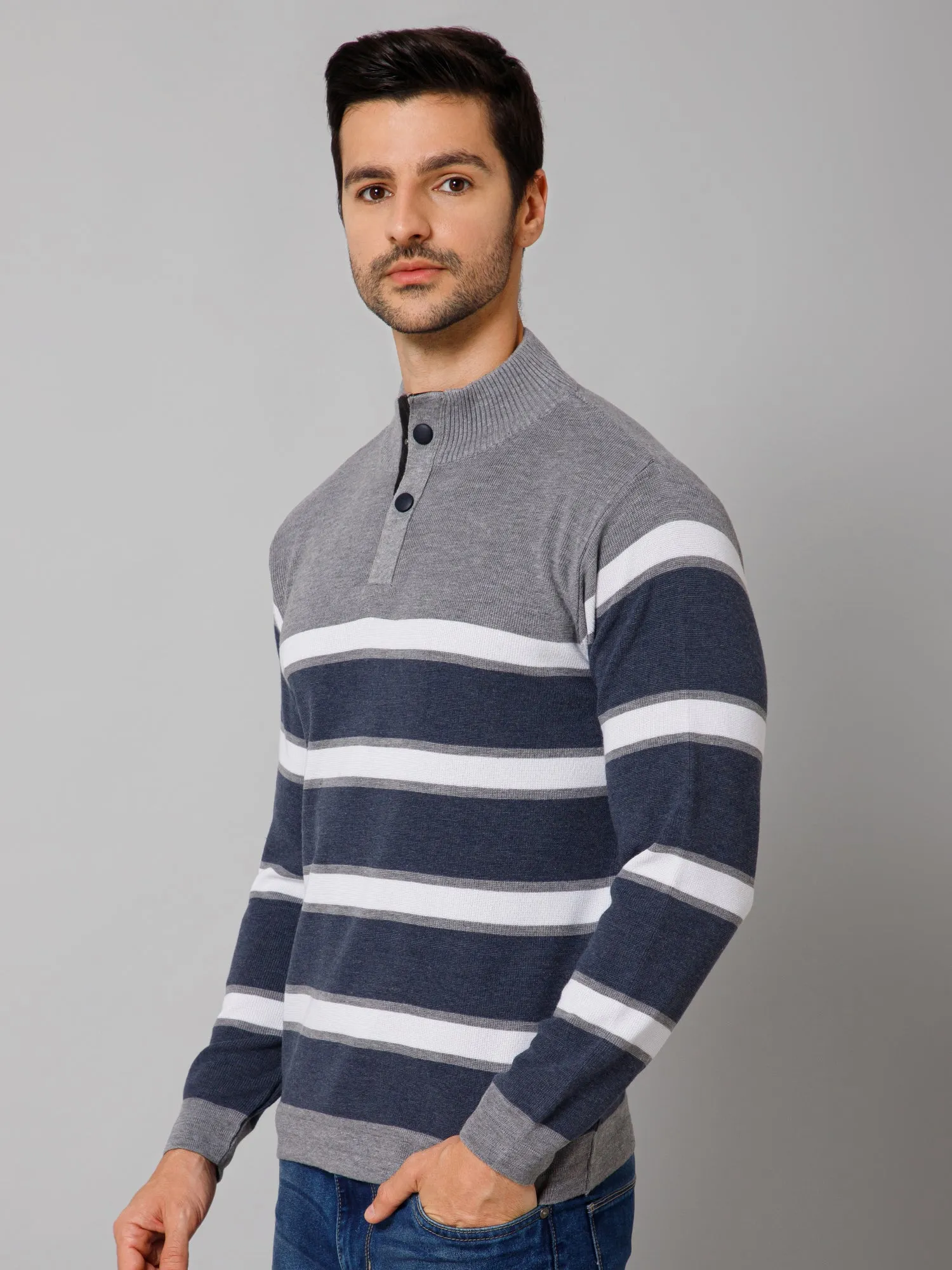 Striped Grey Full Sleeves Band Collar Regular Fit Casual Sweater for Men