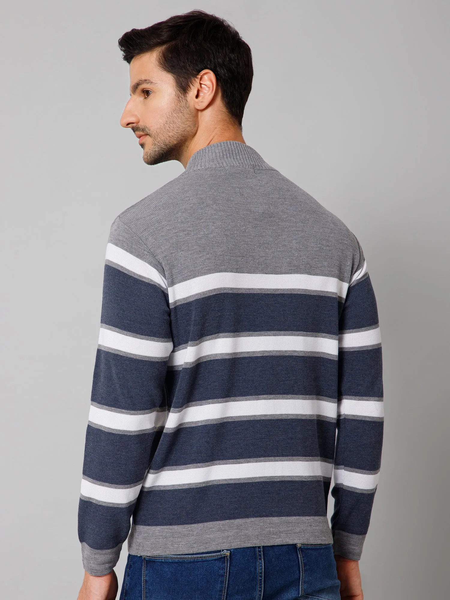 Striped Grey Full Sleeves Band Collar Regular Fit Casual Sweater for Men