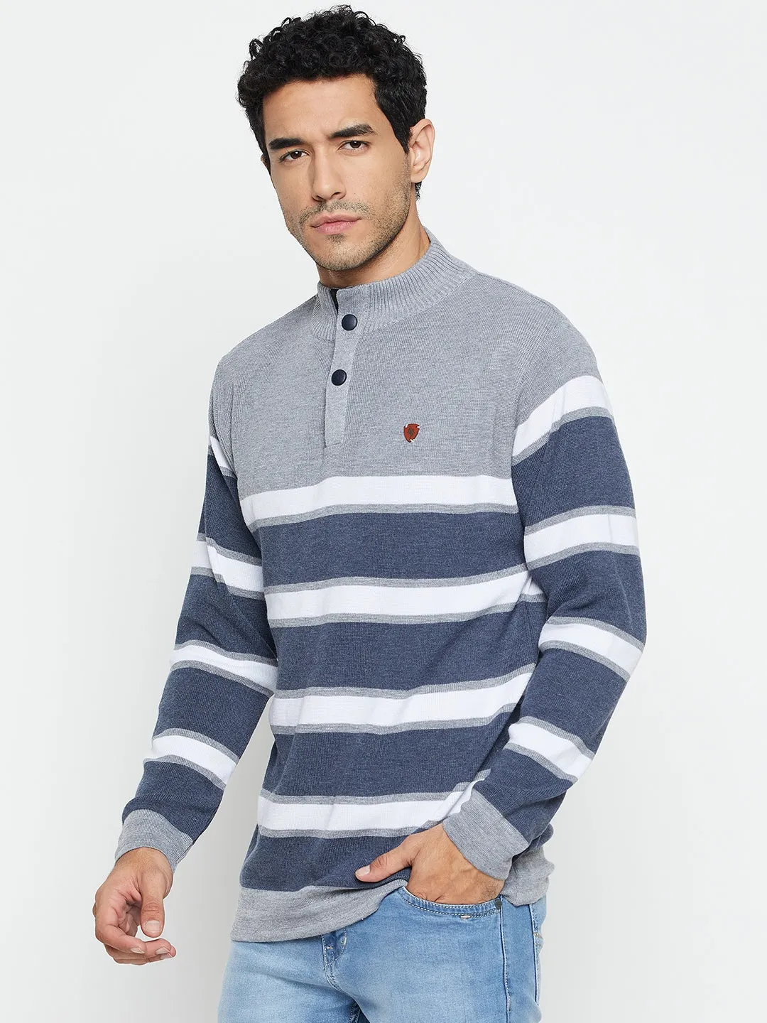 Striped Grey Full Sleeves Mock Collar Regular Fit Casual Sweater for Men