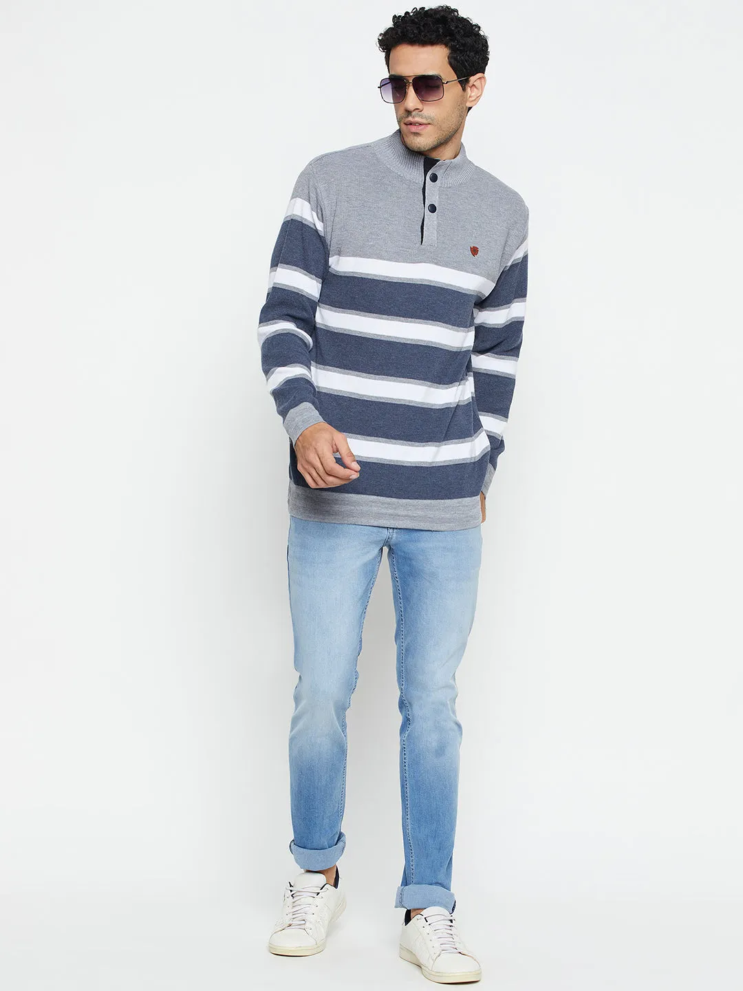 Striped Grey Full Sleeves Mock Collar Regular Fit Casual Sweater for Men