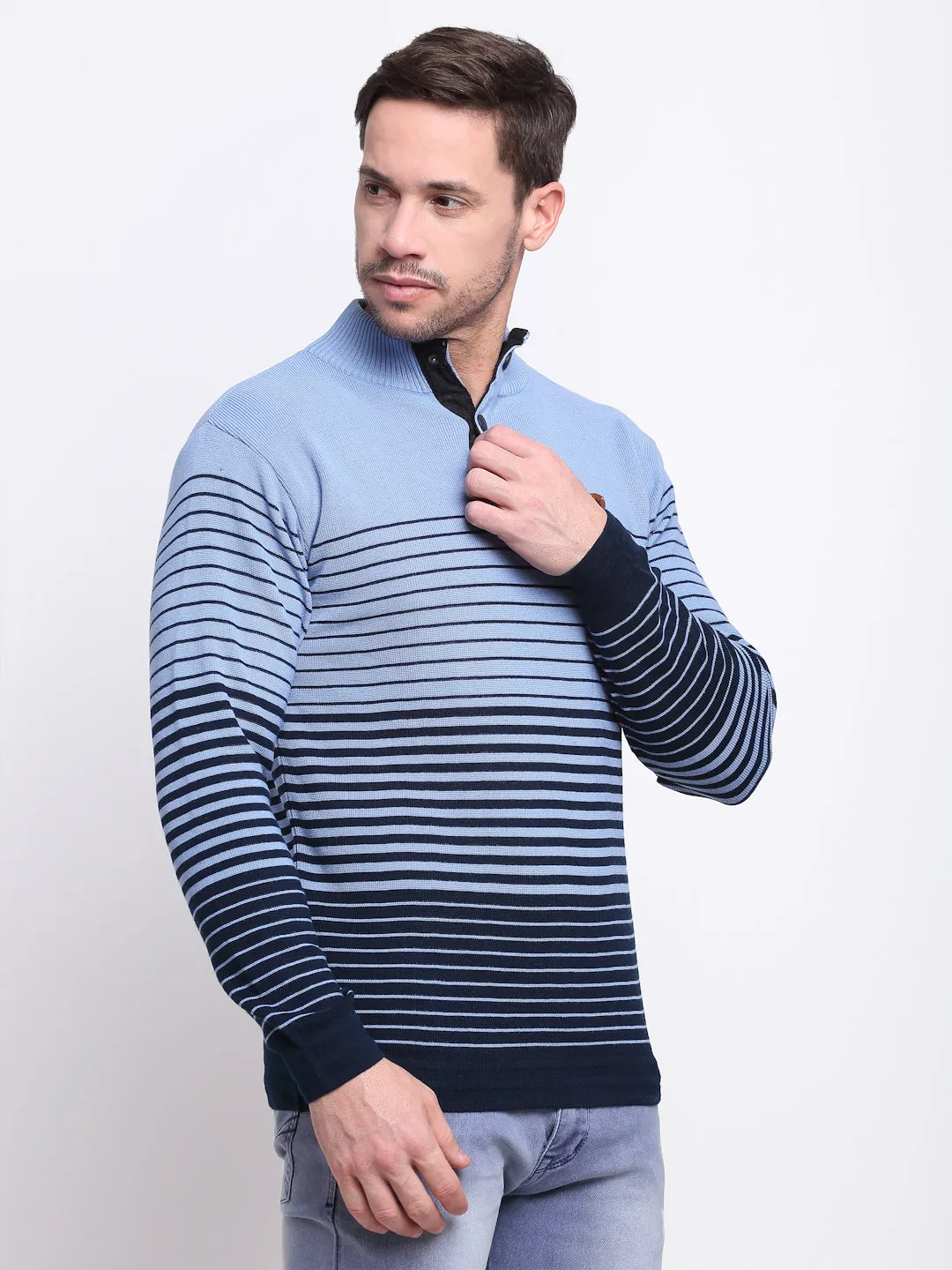 Striped Sky Blue Full Sleeves Mock Collar Regular Fit Casual Sweater for Men