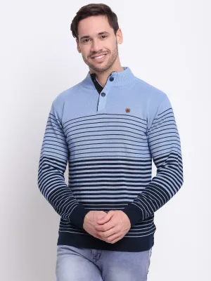 Striped Sky Blue Full Sleeves Mock Collar Regular Fit Casual Sweater for Men