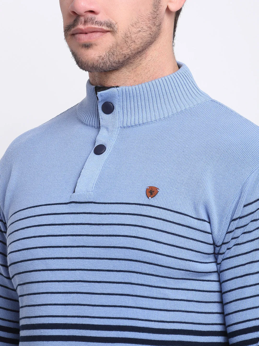 Striped Sky Blue Full Sleeves Mock Collar Regular Fit Casual Sweater for Men