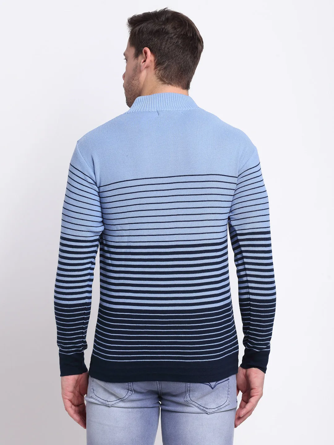 Striped Sky Blue Full Sleeves Mock Collar Regular Fit Casual Sweater for Men