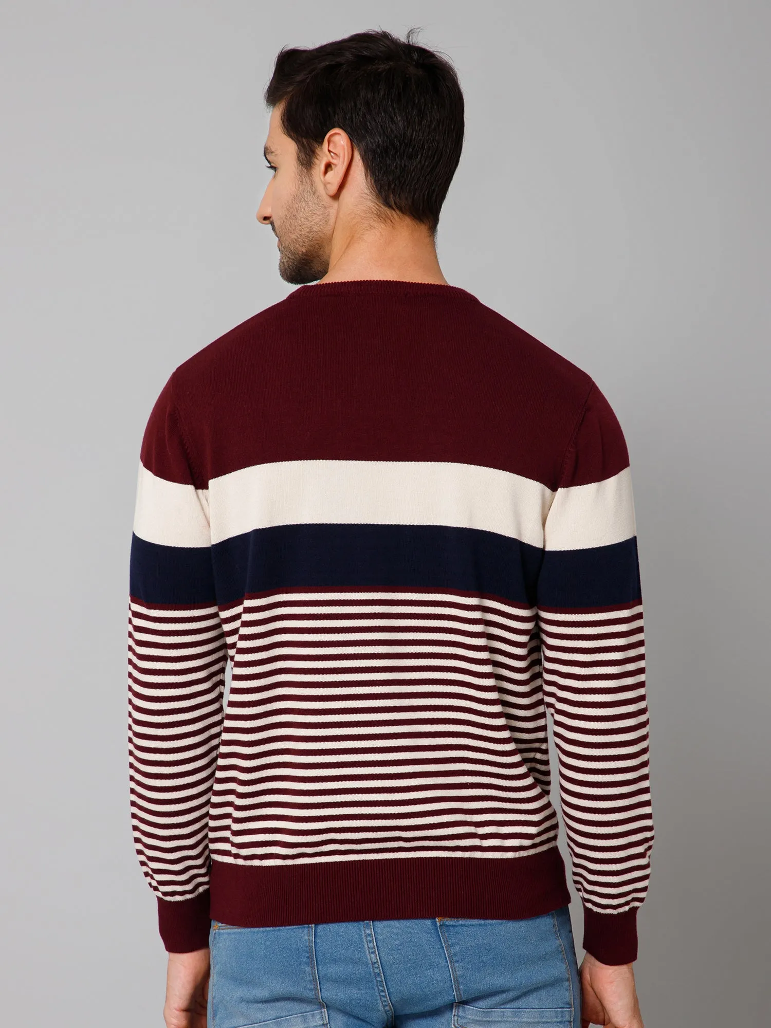 Striped Wine Full Sleeves Round Neck Regular Fit Casual Sweater for Men