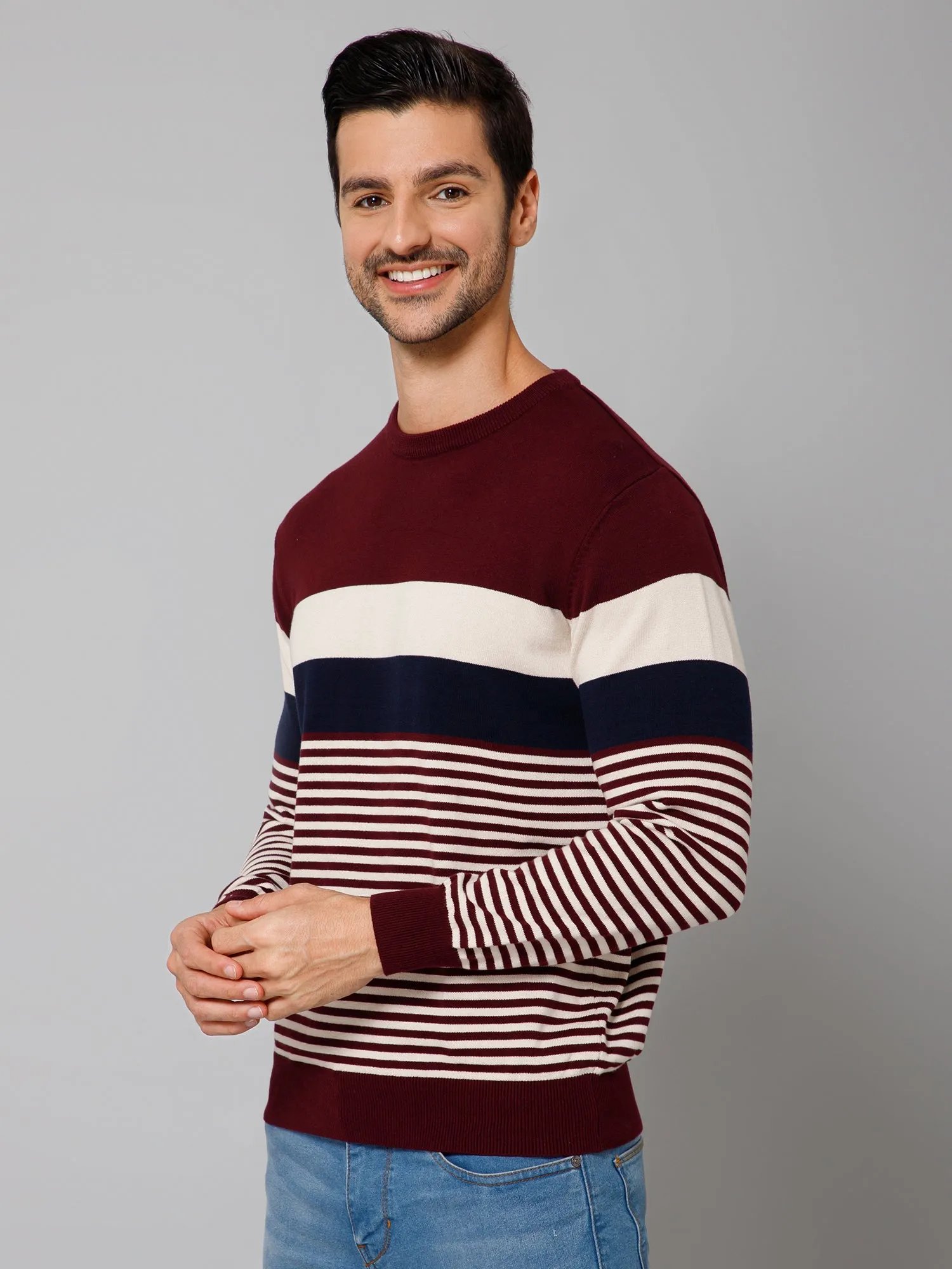 Striped Wine Full Sleeves Round Neck Regular Fit Casual Sweater for Men