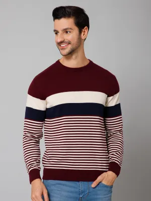 Striped Wine Full Sleeves Round Neck Regular Fit Casual Sweater for Men