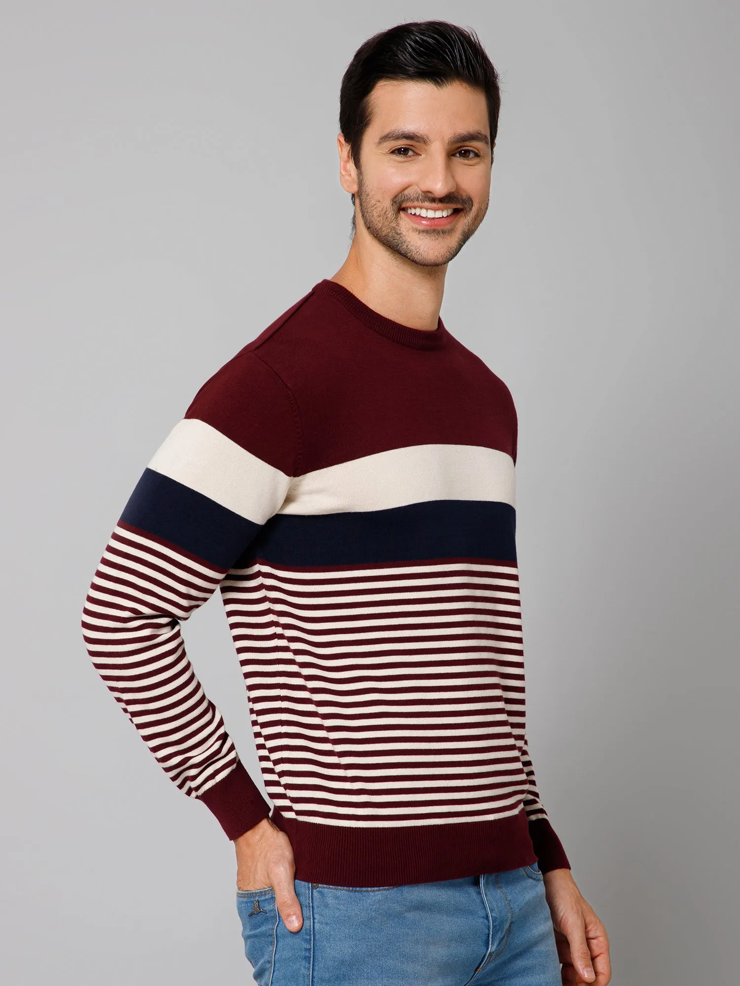 Striped Wine Full Sleeves Round Neck Regular Fit Casual Sweater for Men