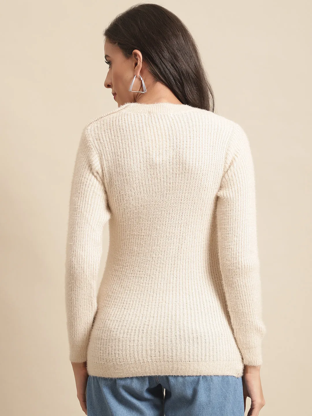 Women's Casual  Beige Round neck Pullover Sweater