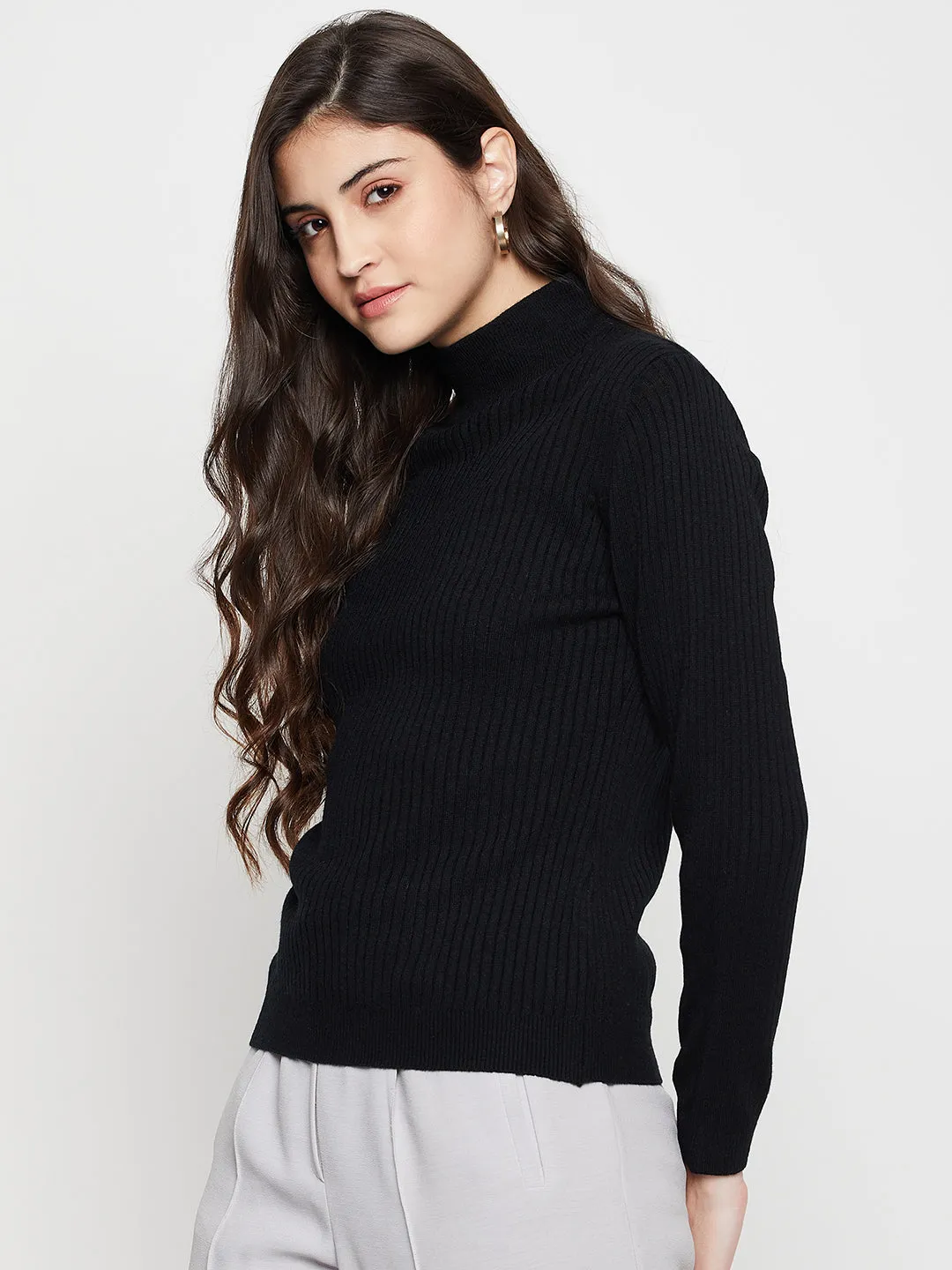 Women's Casual  Black High neck Pullover Sweater