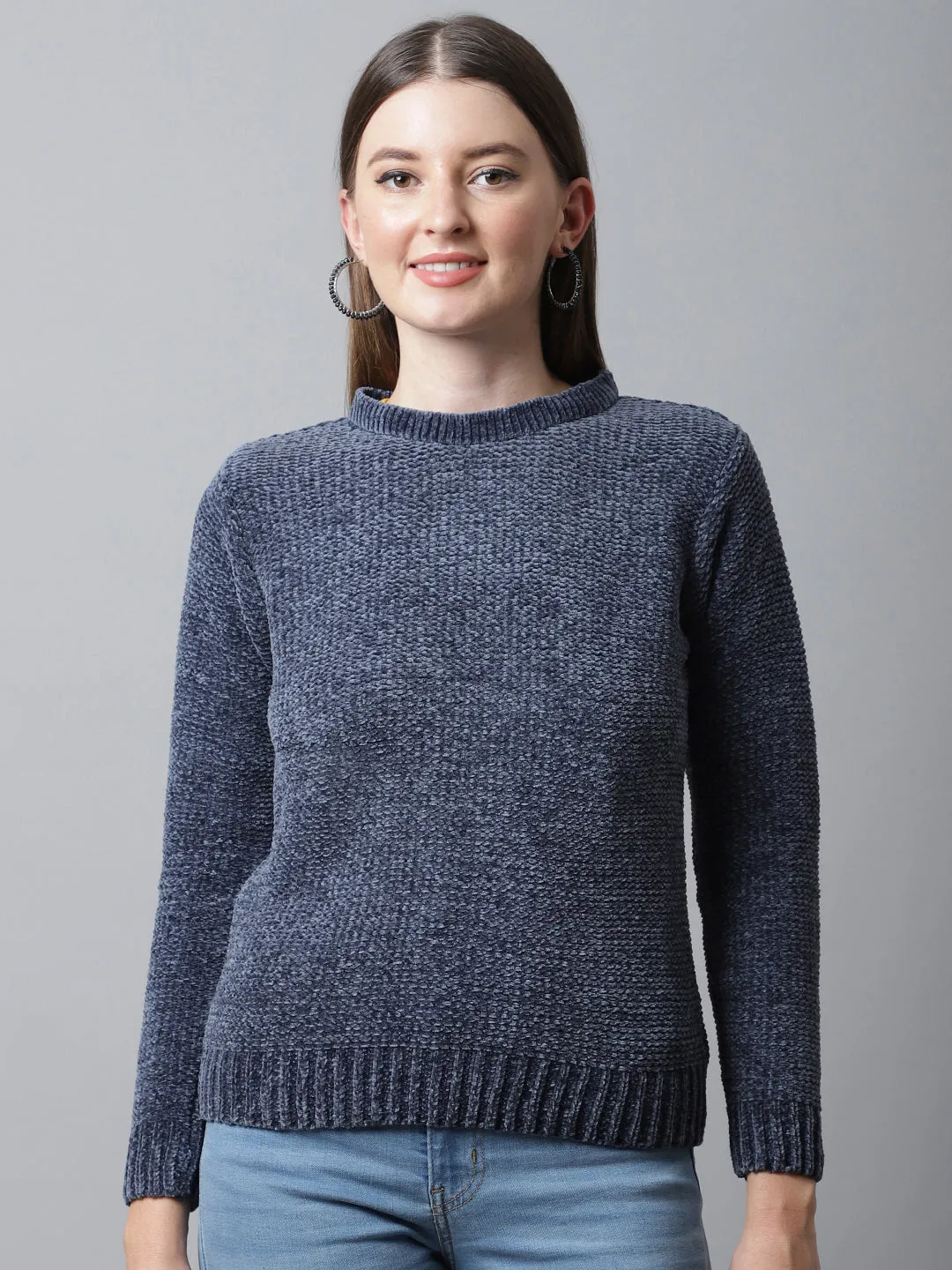 Women's Casual  Blue Round neck Pullover Sweater