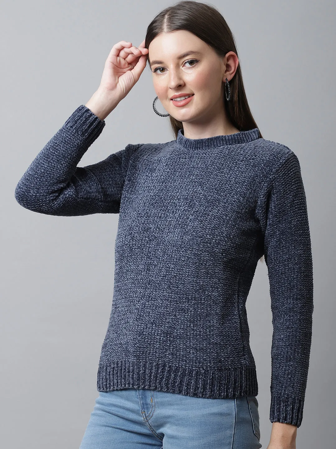 Women's Casual  Blue Round neck Pullover Sweater