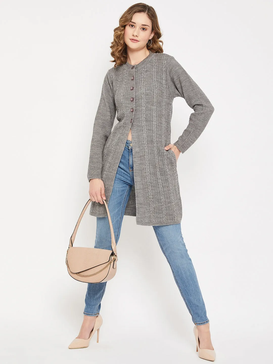 Women's Casual  Grey Melange Round neck Long Cardigan Sweater