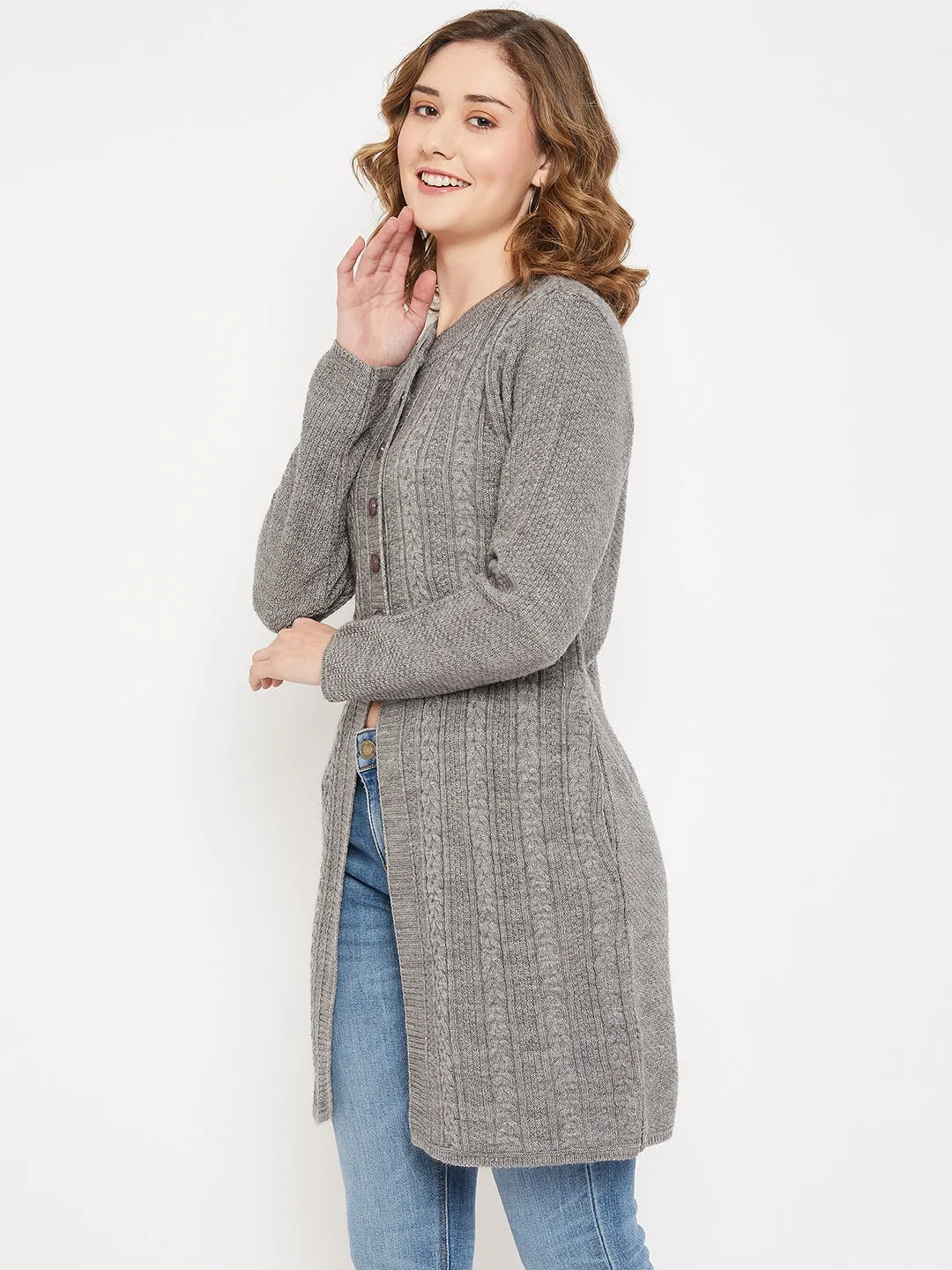 Women's Casual  Grey Melange Round neck Long Cardigan Sweater