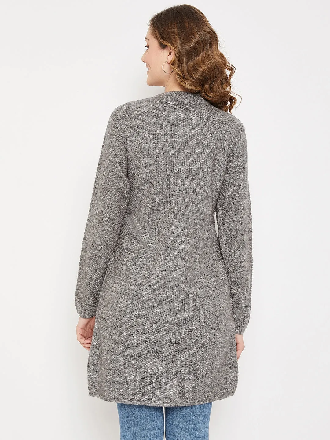 Women's Casual  Grey Melange Round neck Long Cardigan Sweater