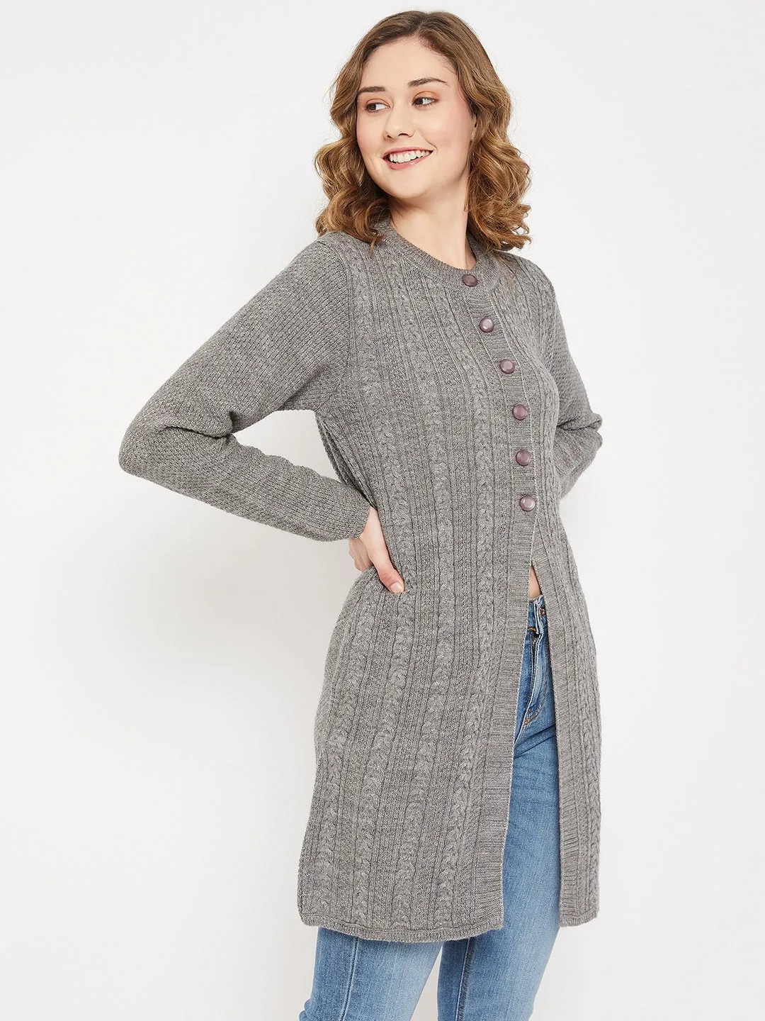 Women's Casual  Grey Melange Round neck Long Cardigan Sweater