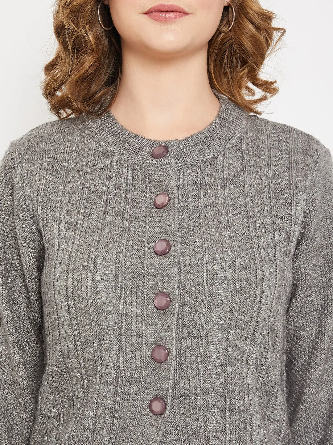 Women's Casual  Grey Melange Round neck Long Cardigan Sweater