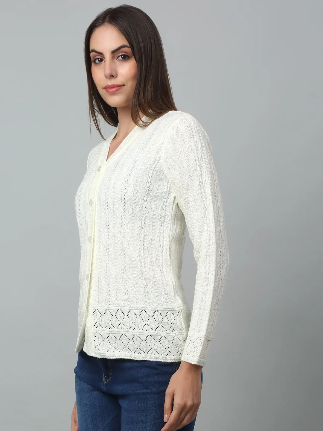 Women's Casual  Ivory V neck Cardigan Sweater