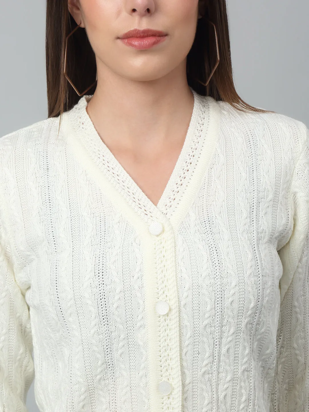 Women's Casual  Ivory V neck Cardigan Sweater