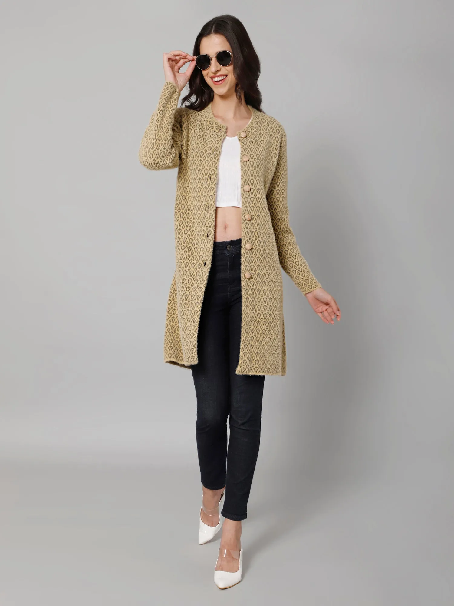 Women's Casual  Khaki Round neck Long Cardigan Sweater