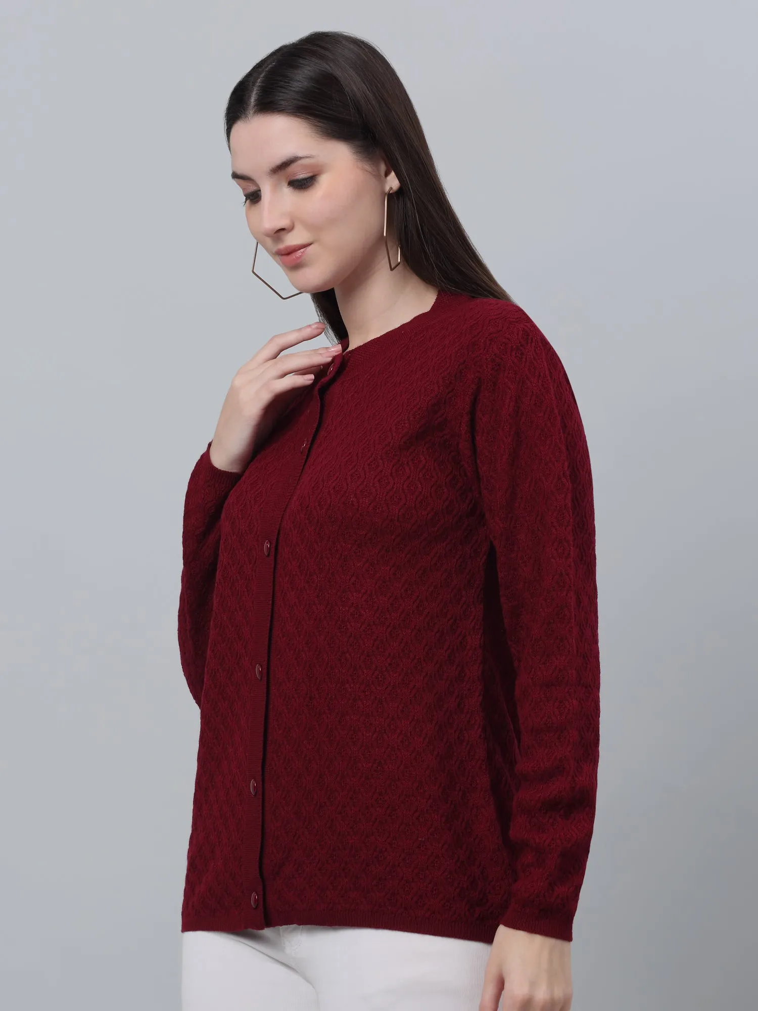 Women's Casual  Maroon Round neck Cardigan Sweater