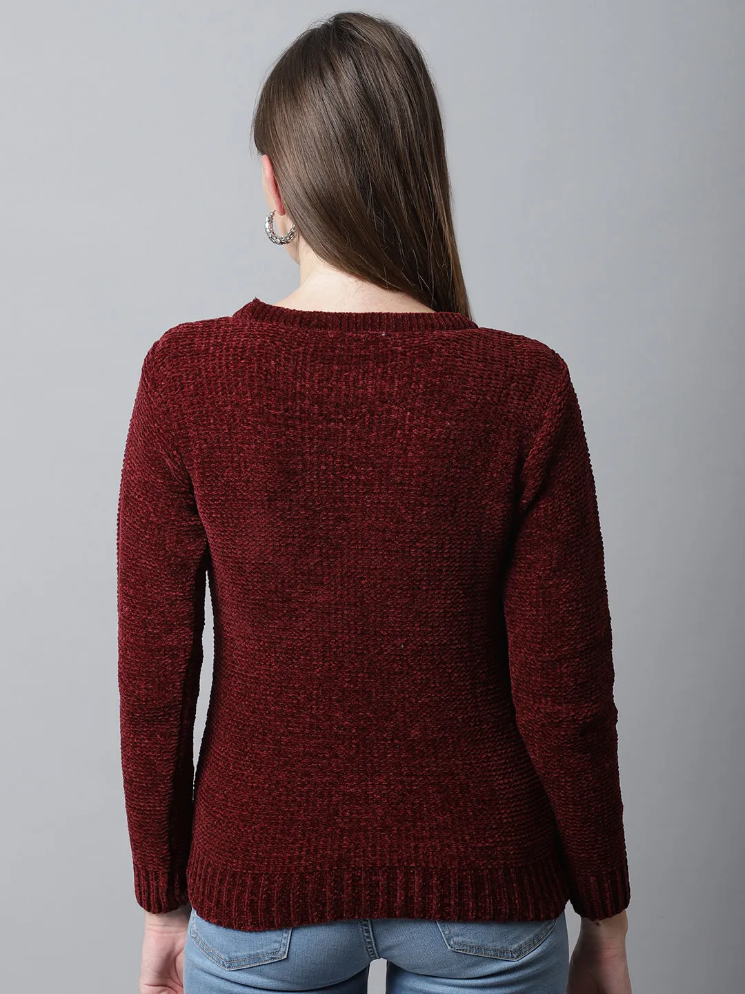 Women's Casual  Maroon Round neck Pullover Sweater