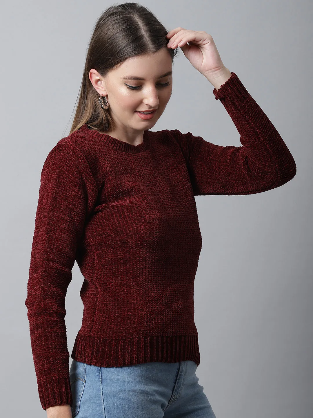 Women's Casual  Maroon Round neck Pullover Sweater