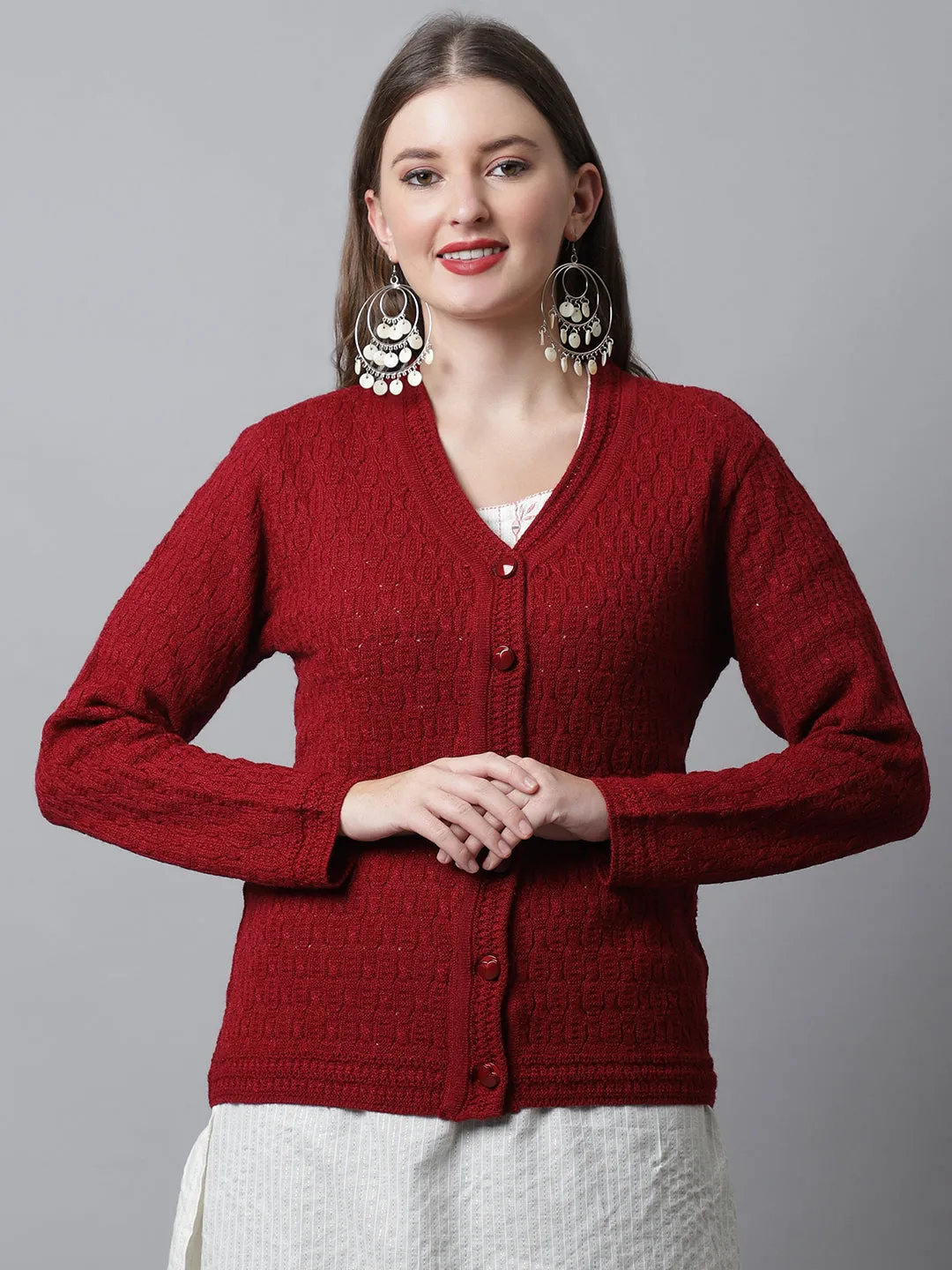 Women's Casual  Maroon V neck Cardigan Sweater