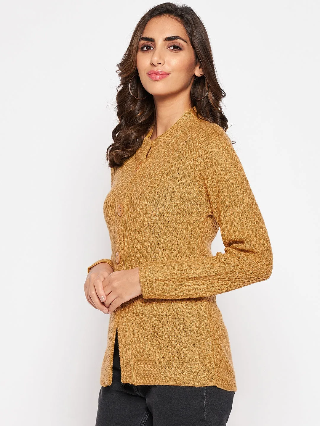 Women's Casual  Mustard Round neck Cardigan Sweater