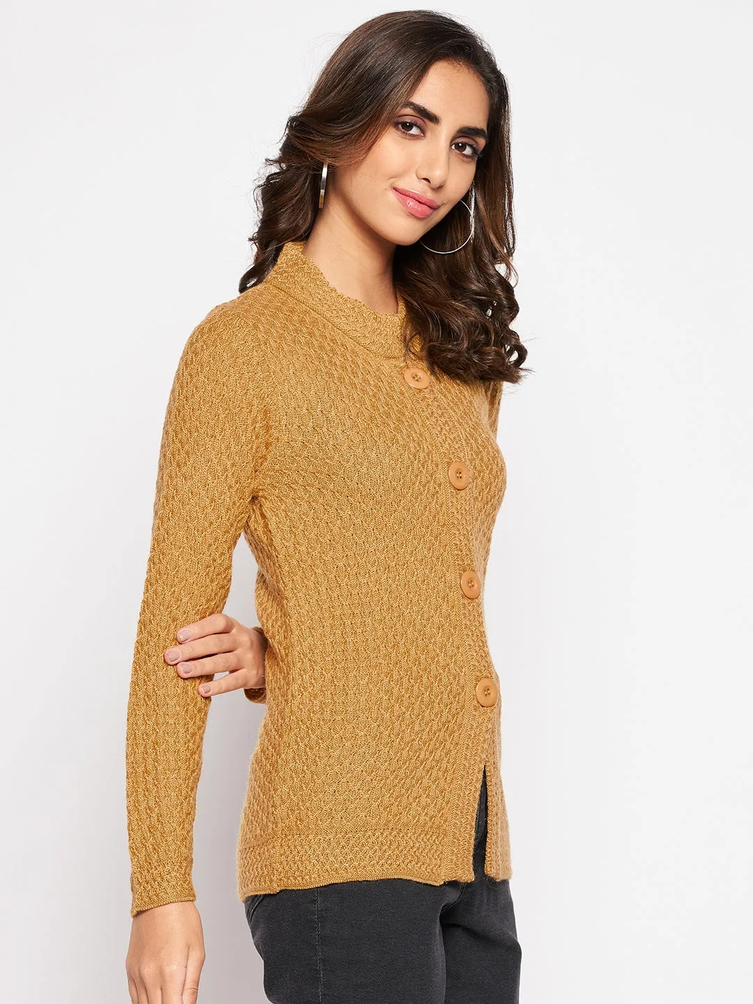 Women's Casual  Mustard Round neck Cardigan Sweater